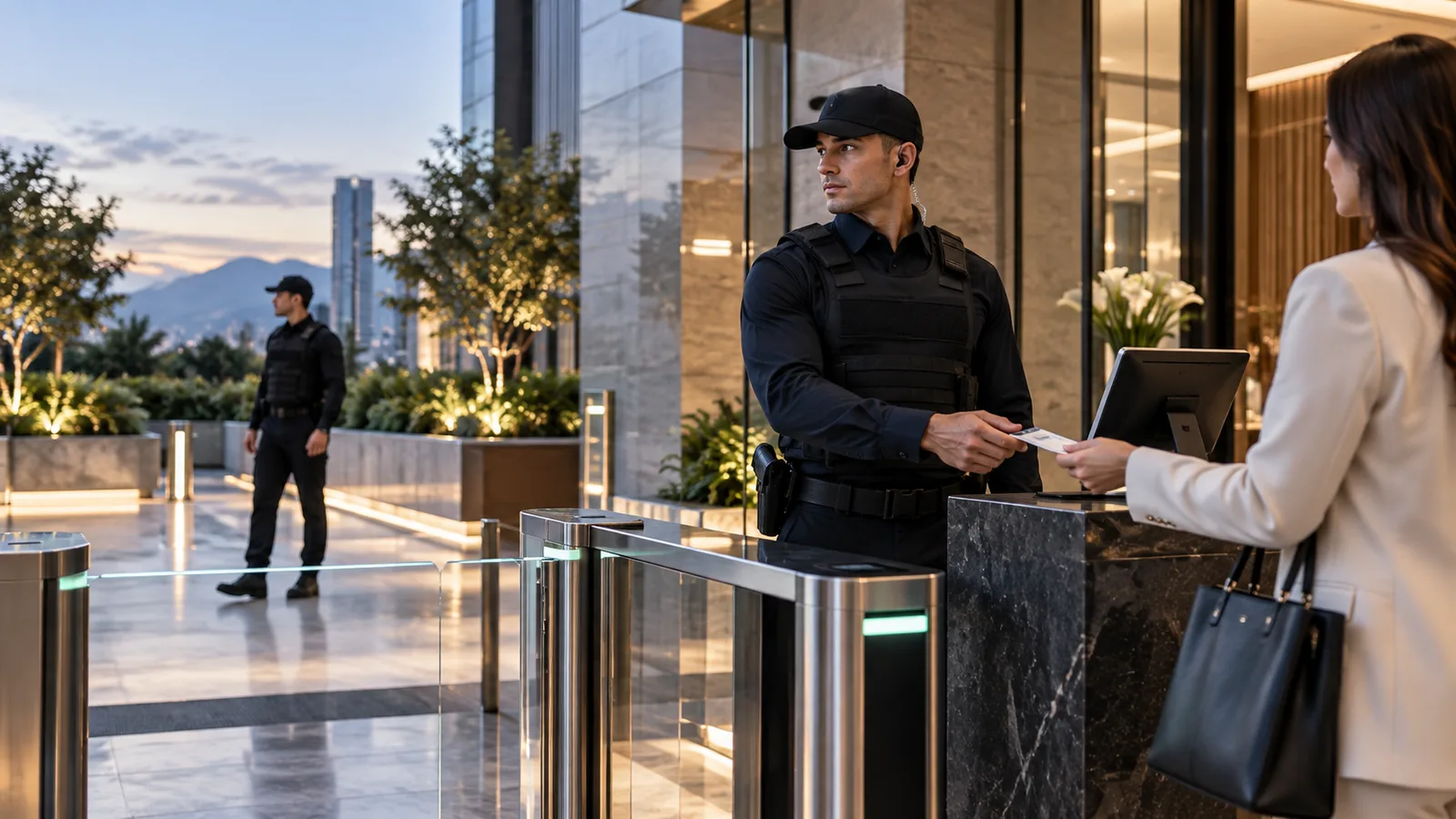 Control de acceso con torniquetes y personal de seguridad.