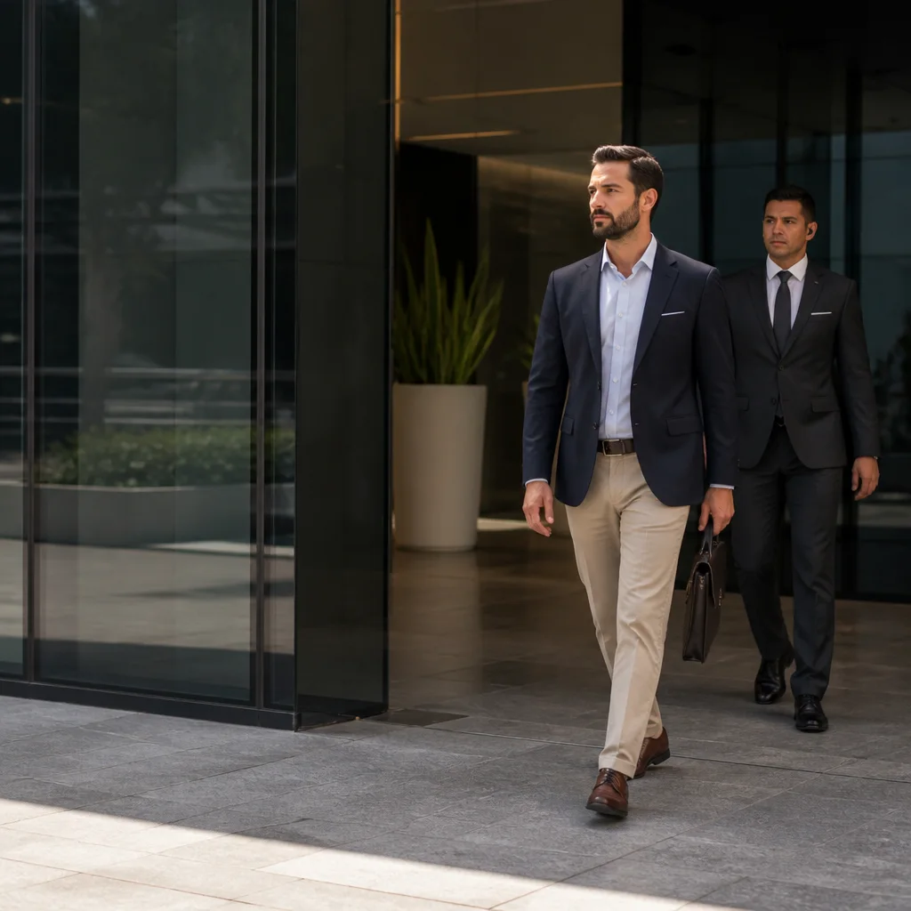 Un profesional acompaña a una ejecutiva al entrar a un edificio de oficinas.