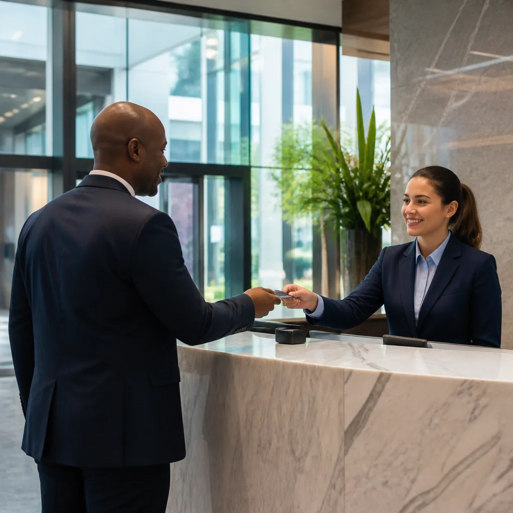 Una profesional recibe a un visitante en la recepción de un edificio corporativo.